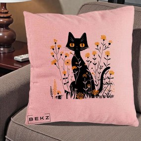 Perna Decorativa Pisica Neagra Ochi Galbeni Flori Galbene, 40x40 cm, Roz, Husa Detasabila, Perna Inclusa, BEKZ®