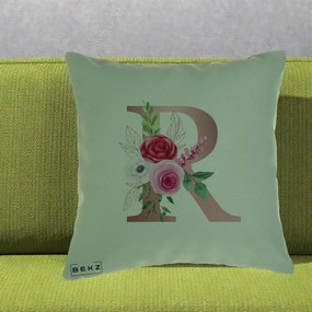 Cadou Personalizat - Perna Personalizata Monograma Rose Gold Litera R, 40x40 cm, Verde, Husa Detasabila, Perna Inclusa, BEKZ®