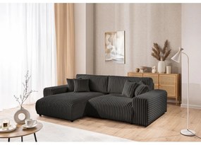 Colțar gri închis extensibil, cu spațiu de depozitare, cu tapițerie din catifea reiată (cu colț pe partea stângă) Sarina – Ropez