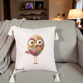 Perna Decorativa Pasare Patchwork cu Gene Lungi, 40x40 cm, Bej cu Franjuri, Husa Detasabila, Perna Inclusa, BEKZ®