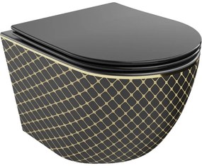 Mexen Lena vas de toaletă Rimless cu capac slim cu închidere lentă, duroplast, Neagră/aurie model tip carouri - 30224079