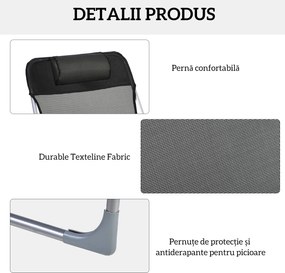 Outsunny Șezlong Pliabil cu Spătar Reglabil pe 5 Nivele și Pernă, Șezlong de Grădină cu Material Respirabil Textilen, pentru Plajă, Piscină, Grădină, 182x56x28 cm, Negru | Aosom Romania