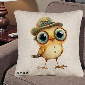 Perna Decorativa Pui Elegant cu Palarie Teal, 40x40 cm, Bej Canapea, Husa Detasabila, Perna Inclusa, BEKZ®