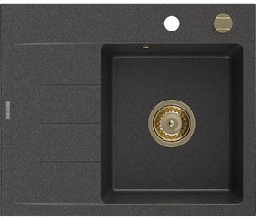 Mexen Ben chiuvetă granit 1 compartiment cu scurgător dreapta 600 x 500 mm, negru presărat, sifon auriu - 6523605000-76-G