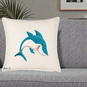 Perna Decorativa Rechin Albastru Cartoon, 40x40 cm, Crem Reliefat, Husa Detasabila, Perna Inclusa, BEKZ®
