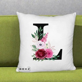 Cadou Personalizat - Perna Personalizata Monograma Florala Litera L, 40x40 cm, Alb Pufos, Husa Detasabila, Perna Inclusa, BEKZ®