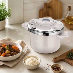 Oala sub presiune Swiss Haus SH-PC6LCR, 6 l, 22 cm, Structura cu trei straturi, Indicator de nivel al apei, Acoperire ceramica Sapphire, Pentru toate plitele incusiv inductie, Crem