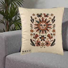 Perna Decorativa Soare Boho Folk Fluturi, 40x40 cm, Bej, Husa Detasabila, Perna Inclusa, BEKZ®