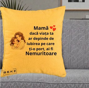Cadou pentru Mama - Perna Personalizata Mama Nemuritoare cu Balon Inima, 40x40 cm, Galben, Husa Detasabila, Perna Inclusa, BEKZ®