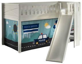 Această combinație SCOTT este formată din patul de dormit înalt cu tobogan și perdeaua de joacă POLICE.