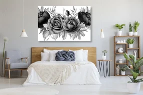 Tablou combinație fermecătoare de flori și frunze în design alb-negru