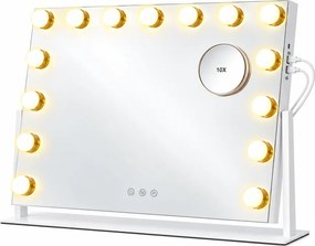Oglindă cosmetică, sistem iluminare LED cu 3 culori, Luminozitate reglabilă, Senzor Tactil, Port încărcare USB+Type C, Oglindă de mărire 10X, Alb