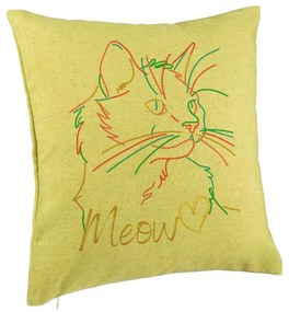 Perna Decorativa, Model Pisica Meow, 40x40 cm, Verde, Husa Detasabila, Burduf
