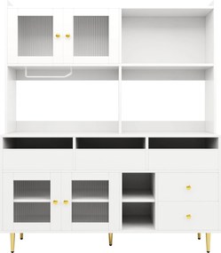 Dulap înalt pentru sufragerie, cu uși cu geam perforat, decor auriu și spațiu mare de depozitare pe mai multe niveluri, 145x39x171 cm, Alb