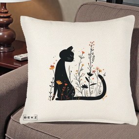 Perna Decorativa Pisica Neagra Flori Portocalii Silueta, 40x40 cm, Crem Reliefat, Husa Detasabila, Perna Inclusa, BEKZ®
