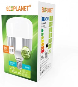 Bec LED Ecoplanet T140 forma cilindrica, E27, 100W (400W), 9500 LM, F, lumina rece 6500K, Mat Lumina rece - 6500K, 1 buc