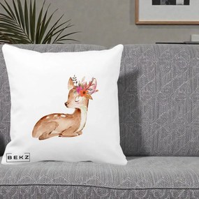 Perna Decorativa Caprioara cu Flori in Coama, 40x40 cm, Alba Mata, Husa Detasabila, Perna Inclusa, BEKZ®