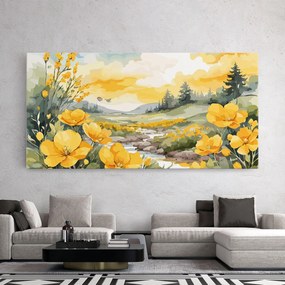 Tablou Canvas, 40x80cm, Dormitor si Living, Flori, Flori in natura, Vector_nature_landscape_with_beautiful_yellow_flowers_watercolor