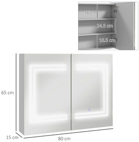 kleankin Mobilier de Baie cu Oglindă Rafturi Reglabile Comutator Tactil și Culoare a Luminii Reglabilă 80x15x65 cm Alb Lucios | Aosom Romania