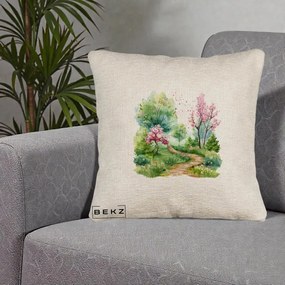Perna Decorativa Gradina Primavara Acuarela, 40x40 cm, Bej Canapea, Husa Detasabila, Perna Inclusa, BEKZ®