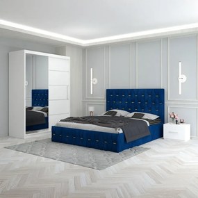 Set Mobila De Dormitor Eric Albastru, pat tapitat 160x200cm,  dulap cu oglinda 150x210cm, noptiere