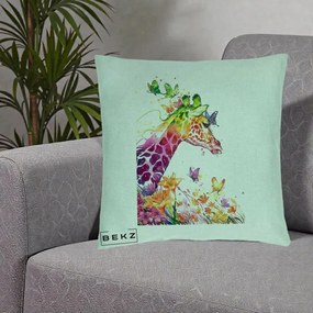 Perna Decorativa Girafa Curcubeu Acuarela, 40x40 cm, Verde Menta, Husa Detasabila, Perna Inclusa, BEKZ®