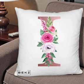 Cadou Personalizat - Perna Personalizata Monograma Rose Gold Litera I, 40x40 cm, Alb Pufos, Husa Detasabila, Perna Inclusa, BEKZ®