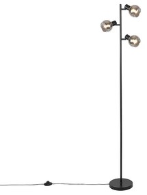 Lampă de podea Art Deco neagră cu 3 lumini cu sticlă fumurie - Vidro