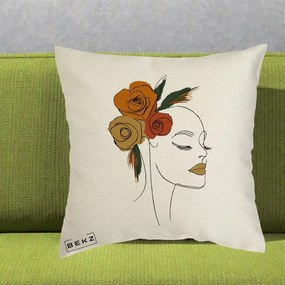 Perna Decorativa Portret Feminin Trandafiri Ruginii, 40x40 cm, Ecru, Husa Detasabila, Perna Inclusa, BEKZ®