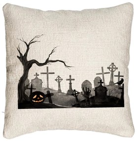 Perna Decorativa Canapea cu motiv Cimitir de Halloween, 40x40 cm, Cu fermoar