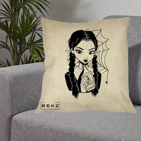 Perna Personalizata Wednesday cu Panza de Paianjen, 40x40 cm, Crem, Husa Detasabila, Perna Inclusa, BEKZ®
