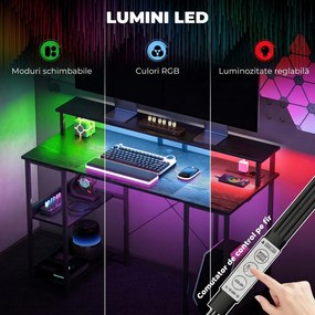 HOMCOM Birou Reversibil pentru Calculator cu Prize, Lumini LED, Suport Dublu și Rafturi Reglabile, 120x50x89,5 cm, Negru | Aosom Romania