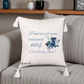 Cadou pentru Nas - Perna Personalizata Pentru Cel mai Minunat Nas Cu drag Finii, 40x40 cm, Bej cu Franjuri, Husa Detasabila, Perna Inclusa, BEKZ®
