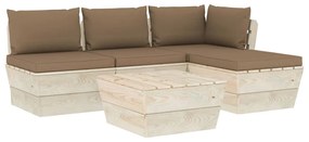 Set mobilier gradina din paleti cu perne, 5 piese, lemn molid Gri taupe, colt + 2x mijloc + masa + suport pentru picioare, 1