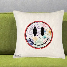 Perna Decorativa Smiley Face cu Artificii Multicolore, 40x40 cm, Crem Reliefat, Husa Detasabila, Perna Inclusa, BEKZ®