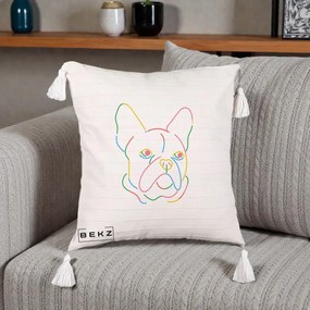 Perna Decorativa Bulldog Francez Line Art Curcubeu, 40x40 cm, Bej cu Franjuri, Husa Detasabila, Perna Inclusa, BEKZ®