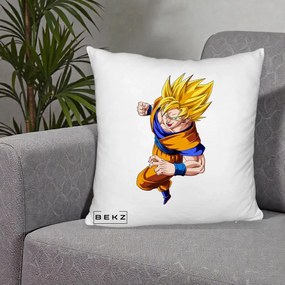 Perna Personalizata Dragon Ball Goku Super Saiyan 2 Lupta, 40x40 cm, Alb Pufos, Husa Detasabila, Perna Inclusa, BEKZ®