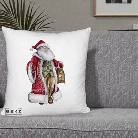 Perna Decorativa Mos Craciun Vintage cu Felinar, 40x40 cm, Alb Pufos, Husa Detasabila, Perna Inclusa, BEKZ®