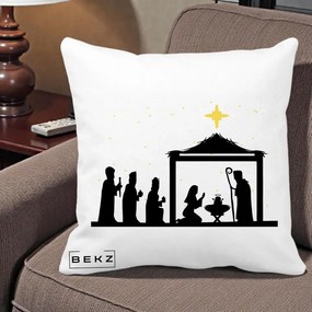Perna Decorativa Nasterea Pruncului Silueta Neagra si Stea Aurie, 40x40 cm, Alba Mata, Husa Detasabila, Perna Inclusa, BEKZ®