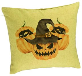 Perna Decorativa cu motiv Dovleac de Halloween 3, 40x40 cm, Verde, Husa Detasabila, Burduf