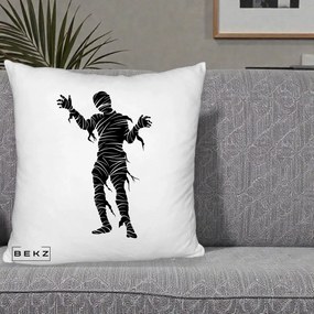 Perna Decorativa Mormii Infricosat Silueta Neagra Halloween, 40x40 cm, Alb Pufos, Husa Detasabila, Perna Inclusa, BEKZ®