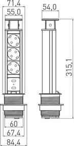 Priză încorporabilă în blat Elevator GTV, 3 prize Schuko, 2 x USB A, aluminiu, D:60 mm Aluminiu/ plastic, Aluminiu, D:60 mm