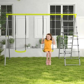 Outsunny 4 în 1 balansoar portic pentru copii cu 2 șezlonguri de balansoar, scară cățărătoare și plasă de escaladă verde | Aosom Romania