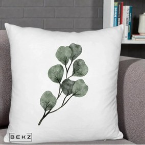 Perna Decorativa Ramura Eucalipt Acuarela, 40x40 cm, Alb Pufos, Husa Detasabila, Perna Inclusa, BEKZ®