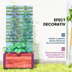 Outsunny Jardiniera cu Spalier pentru Plante Agatatoare si Roti, Jardiniera din Lemn de Brad cu Design Autodrenant, 65x31x147 cm, Maro Carbonizat