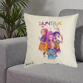 Perna Personalizata K-pop HUNTRX Trio Foto cu Pisica, 40x40 cm, Ecru, Husa Detasabila, Perna Inclusa, BEKZ®