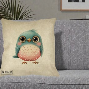Perna Decorativa Pasare Teal-Roz cu Pete, 40x40 cm, Crem, Husa Detasabila, Perna Inclusa, BEKZ®