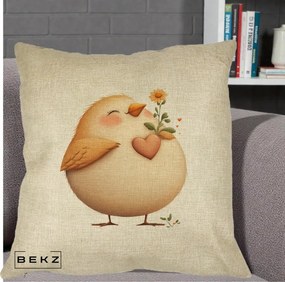 Perna Decorativa Pui cu Inima si Floarea-Soarelui, 40x40 cm, Crem, Husa Detasabila, Perna Inclusa, BEKZ®