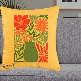 Perna Decorativa Flori in Vaza Turcoaz, 40x40 cm, Galben, Husa Detasabila, Perna Inclusa, BEKZ®