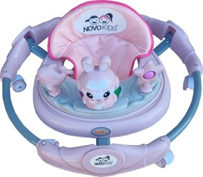 Premergator reglabil in 6 trepte de inaltime NOVOKIDS™ Happy Bunny, Cu melodii si lumini, Pliabil, Max 20 kg, Roti silentioase, Model Iepuras, Roz